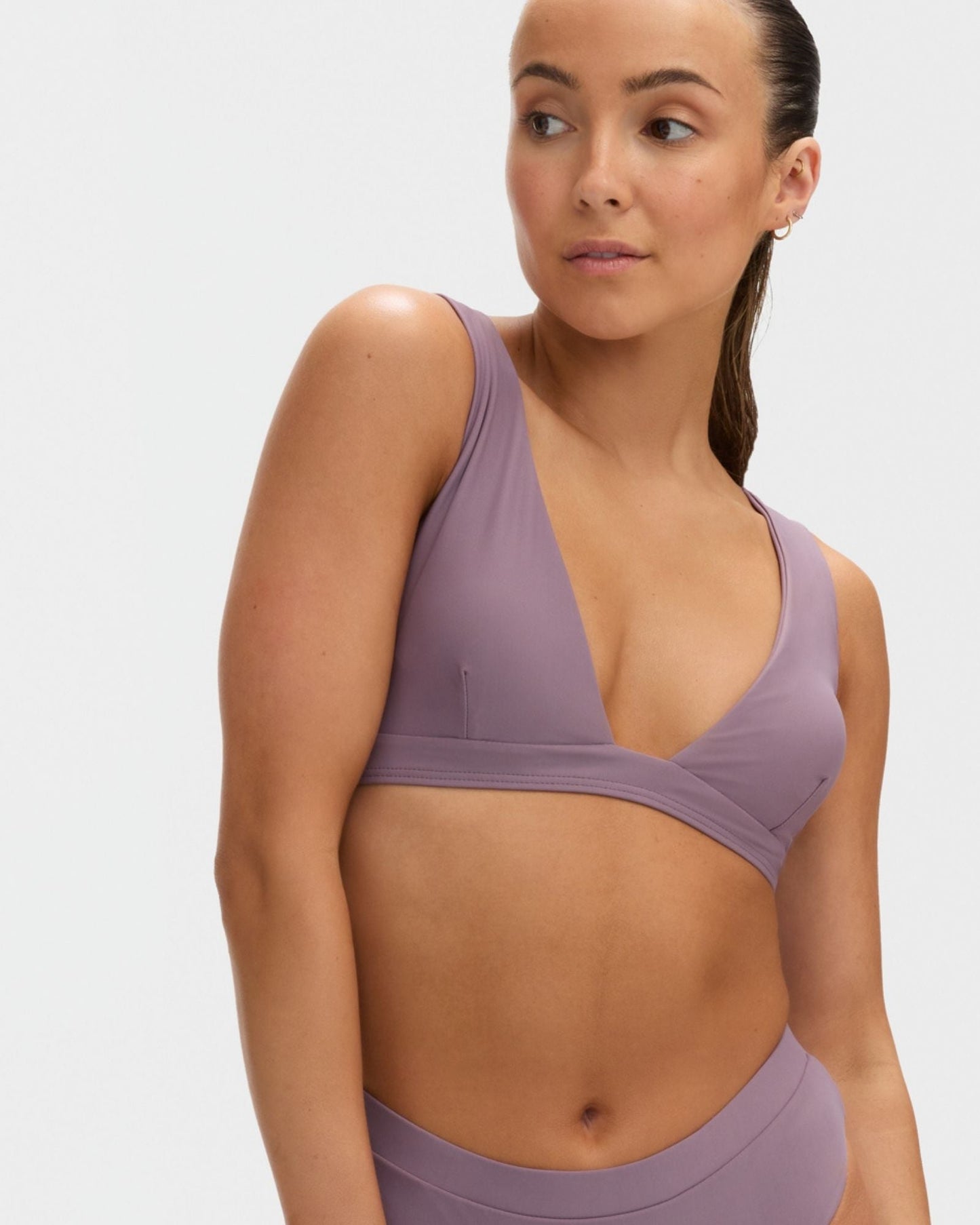 V neck bikini top in pewter with back coverage