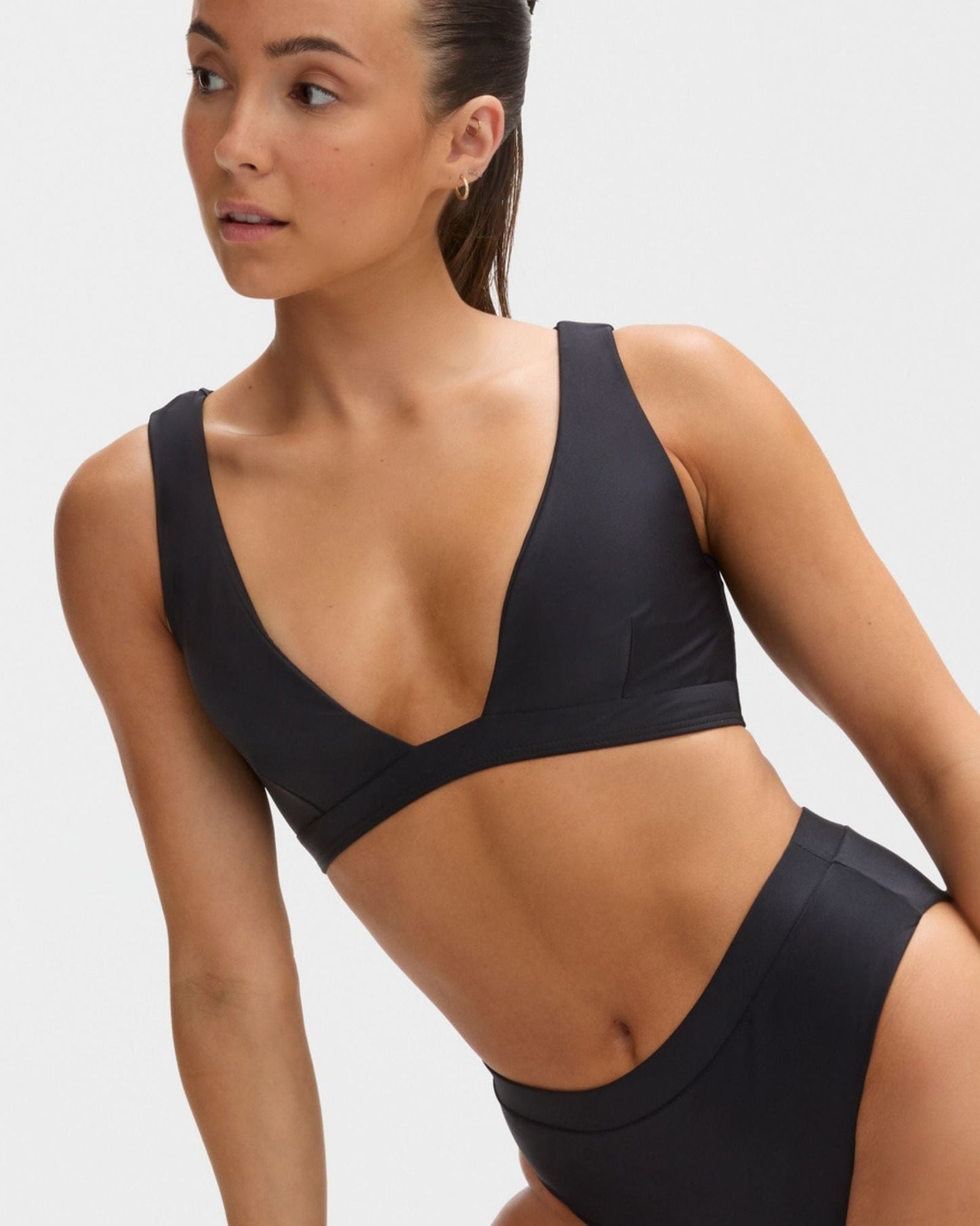 V neck bikini top in black with back coverage