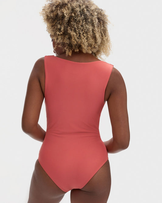 One piece swimwear with full back coverage in coral