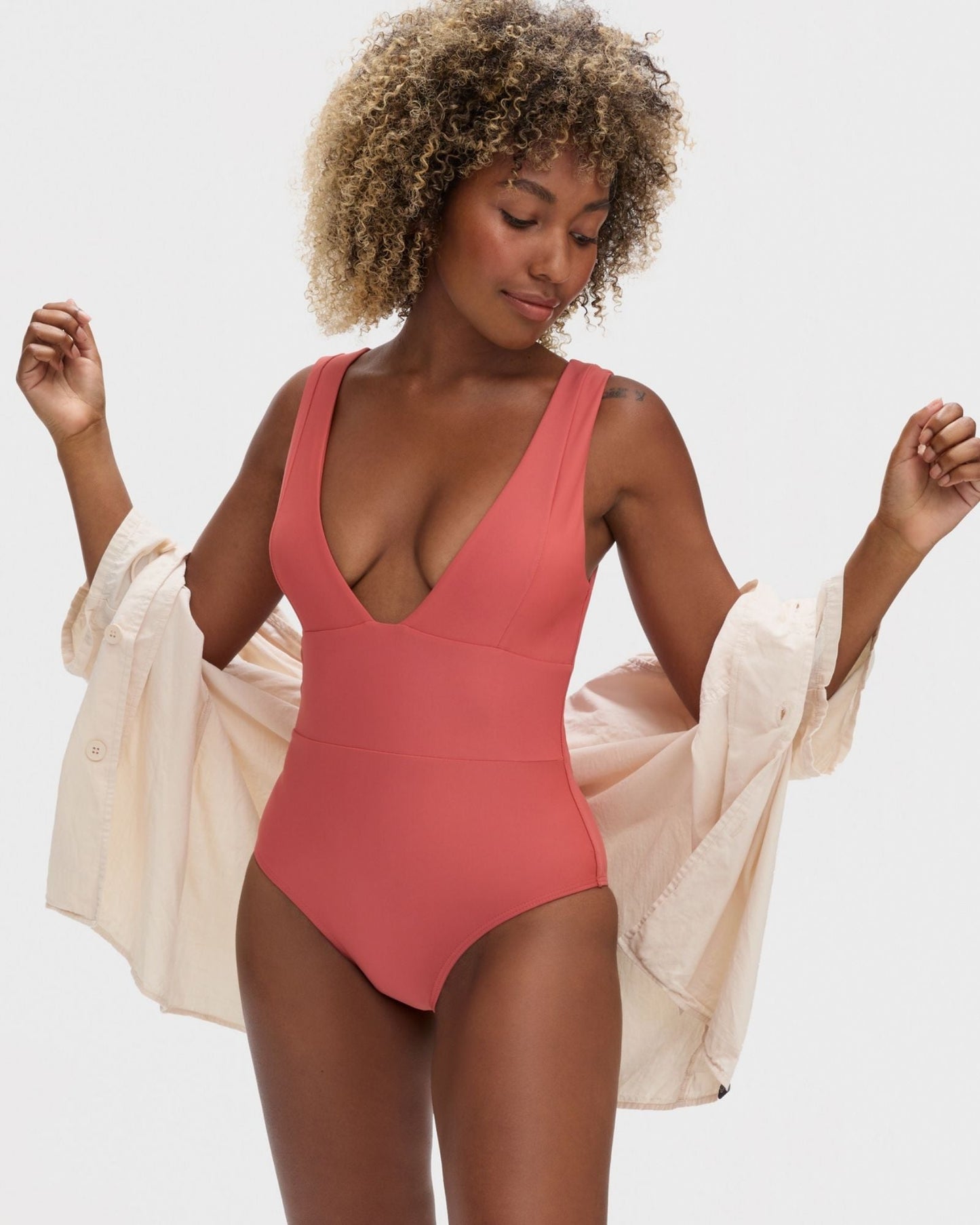 One piece swimwear with full back coverage in coral