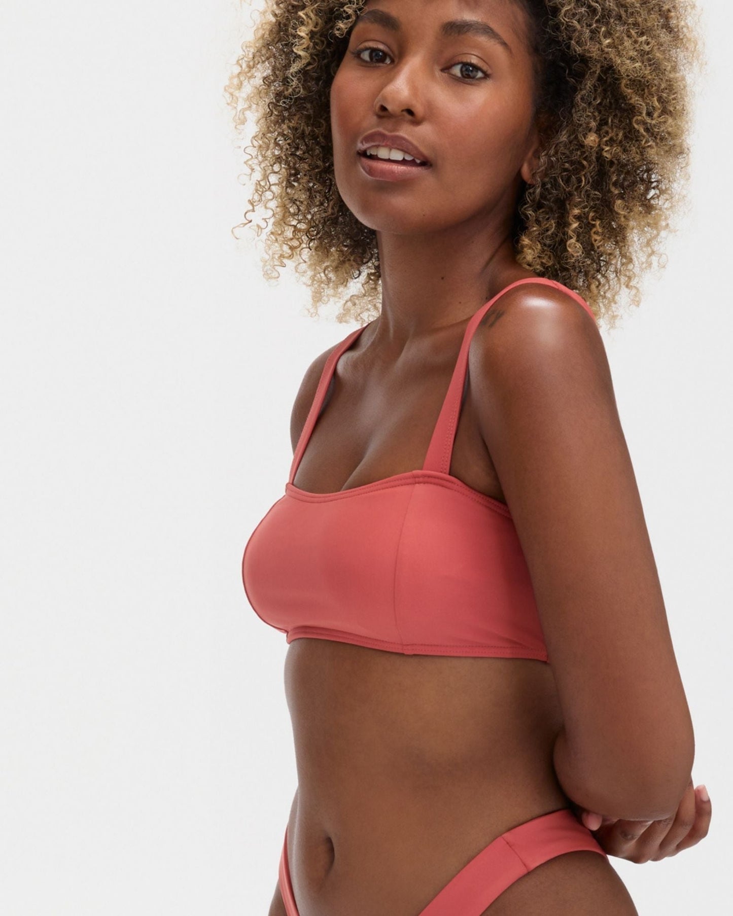 Bikini bralette top in coral with full back coverage